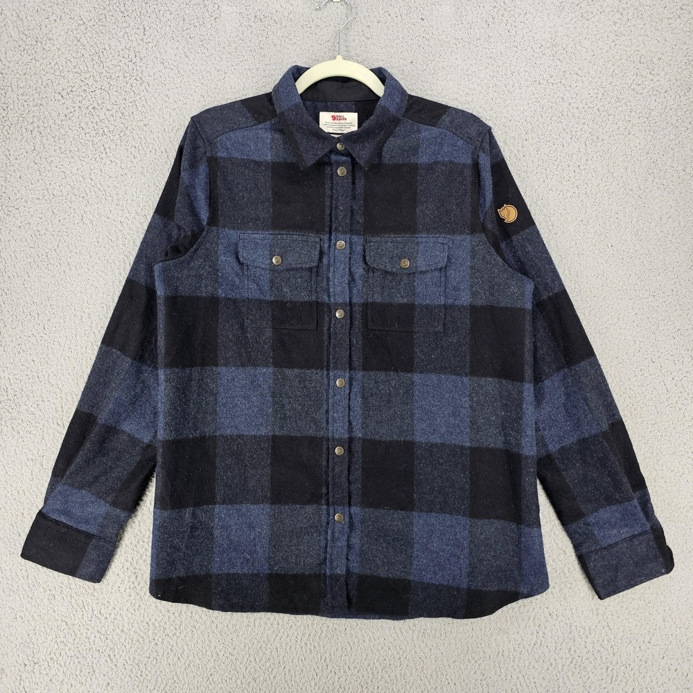 Fjallraven Canada Shirt Womens XL Blue Black Plaid‎ Wool Flannel Snap Up 90835